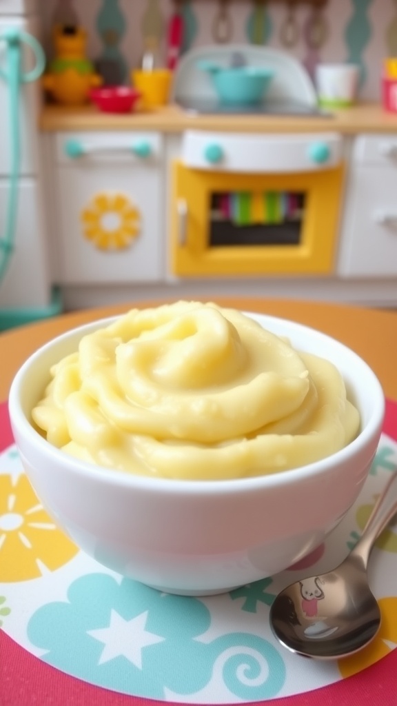 Simple and Nutritious Mashed Potatoes for 9 Month Old Creamy mashed potatoes in a baby bowl, with a spoon on a colorful placemat.